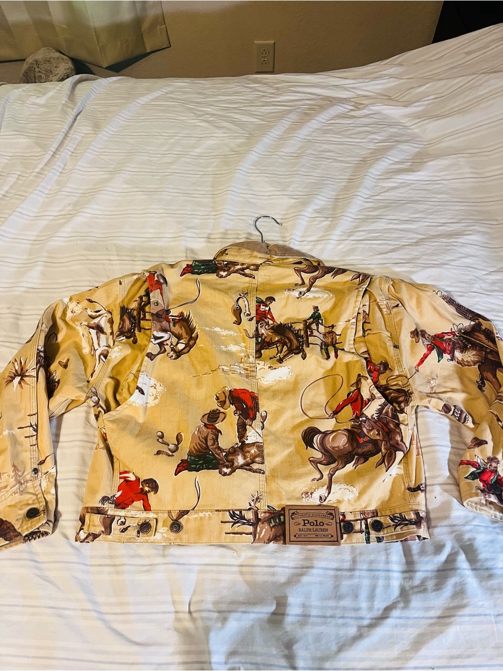 Rare Vintage Ralph Lauren Tan Western Rodeo Print Corduroy-Collar Jean Jacket - Picture 2 of 8